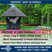 PESTEZE® USA Premium Owl Bird Repellent Holographic Decoy with 2 Bells [15 × 9.5 in] Uses Reflective Shine & Sound to Deter Woodpeckers, Pigeons, Crows, Ducks, Geese & Outdoor Pests Safely Around Homes