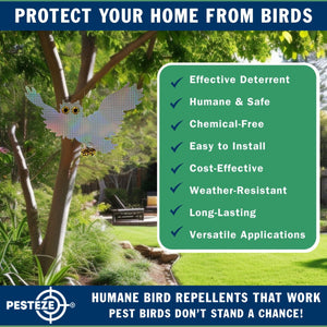 PESTEZE® Holographic Shiny Owl Bird Repellent with 2 Bells [15 x 9.5 inch] Reflection & Sound Scares Woodpeckers, Pigeons, Crows, Ducks, Geese & Critters from Yards without Harming them to Protect Property