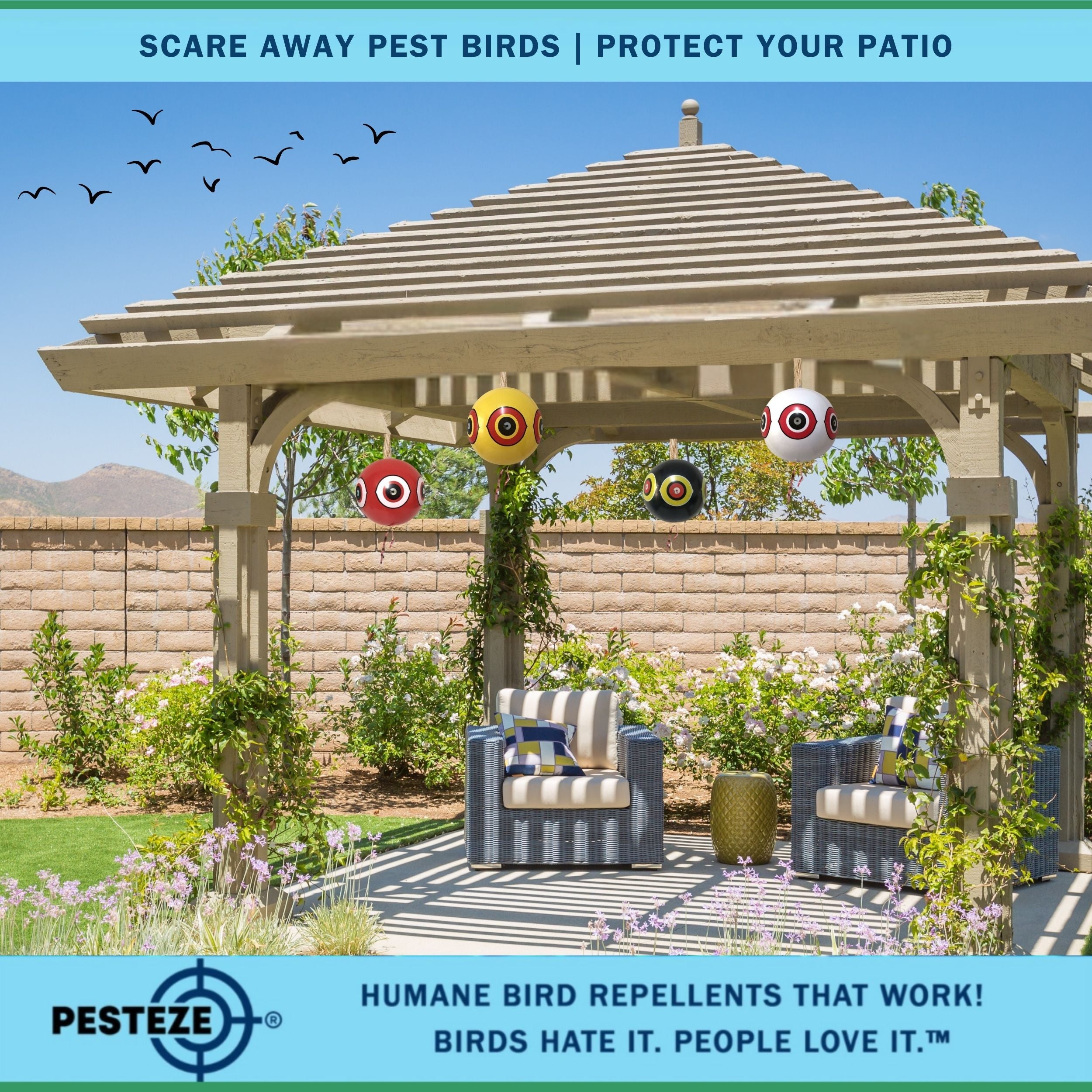 PESTEZE® Large 15" Yellow, Red, White & Black Bird Predator-Eye Balloon Deterrents [4 Pack Multi-Color] Repels Unwanted Pest Birds like Pigeons, Gulls, Geese & Critters from Pools & Yards Without Harming Them To Protect Property