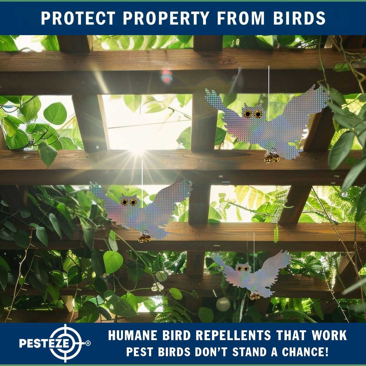PESTEZE® USA Premium Owl Bird Repellent Holographic Decoy with 2 Bells [15 × 9.5 in] Uses Reflective Shine & Sound to Deter Woodpeckers, Pigeons, Crows, Ducks, Geese & Outdoor Pests Safely Around Homes