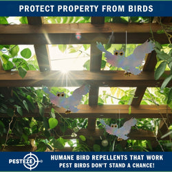 PESTEZE® Holographic Shiny Owl Bird Repellent with 2 Bells [15 x 9.5 inch] Reflection & Sound Scares Woodpeckers, Pigeons, Crows, Ducks, Geese & Critters from Yards without Harming them to Protect Property