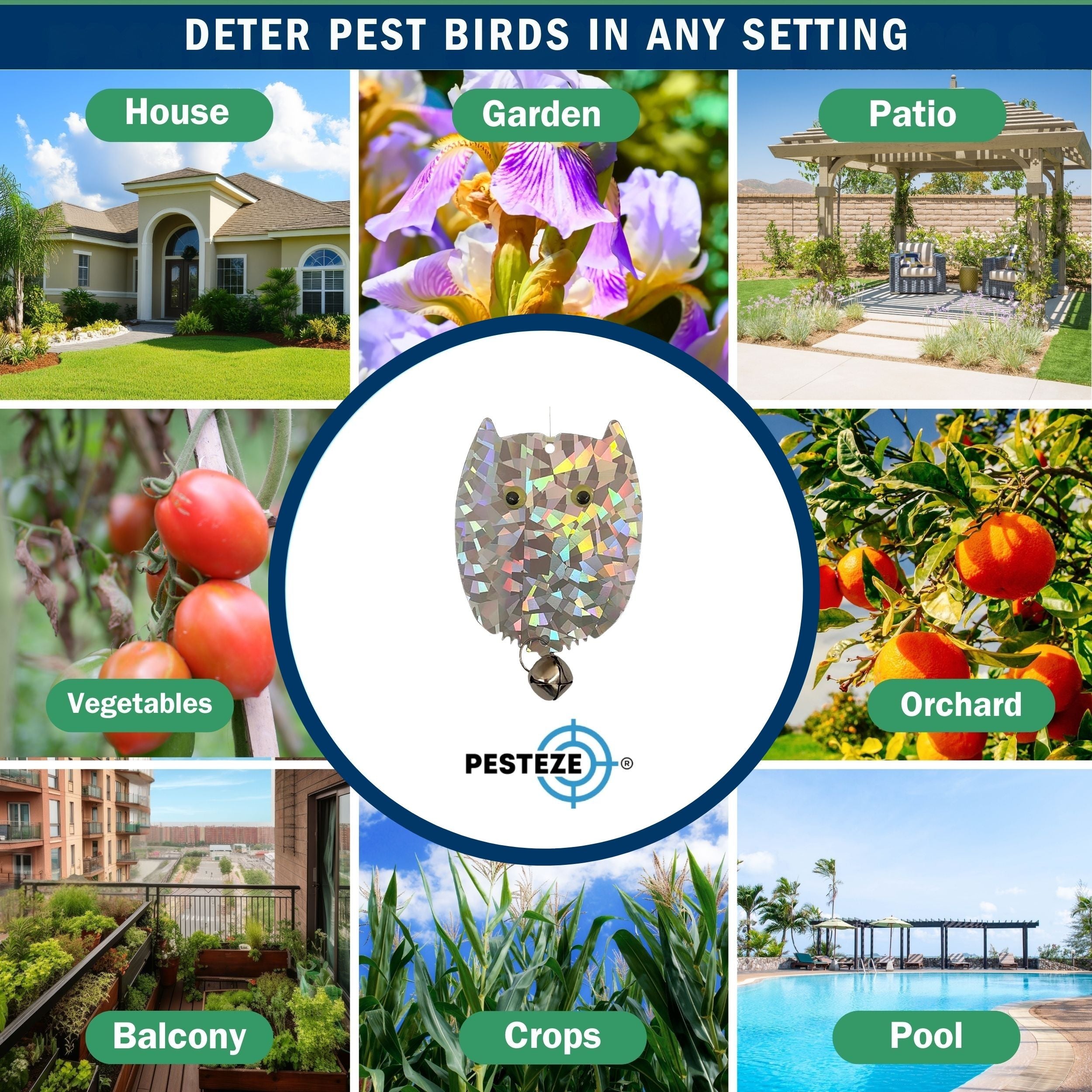 4 Pack PESTEZE® Holographic Shiny Owl Bird Repellents with Bell [3.5 x 5 inch] Reflection Scares Pest Birds like Woodpeckers, Sparrows, Pigeons, Crows & Gulls without Harming them to Protect Property
