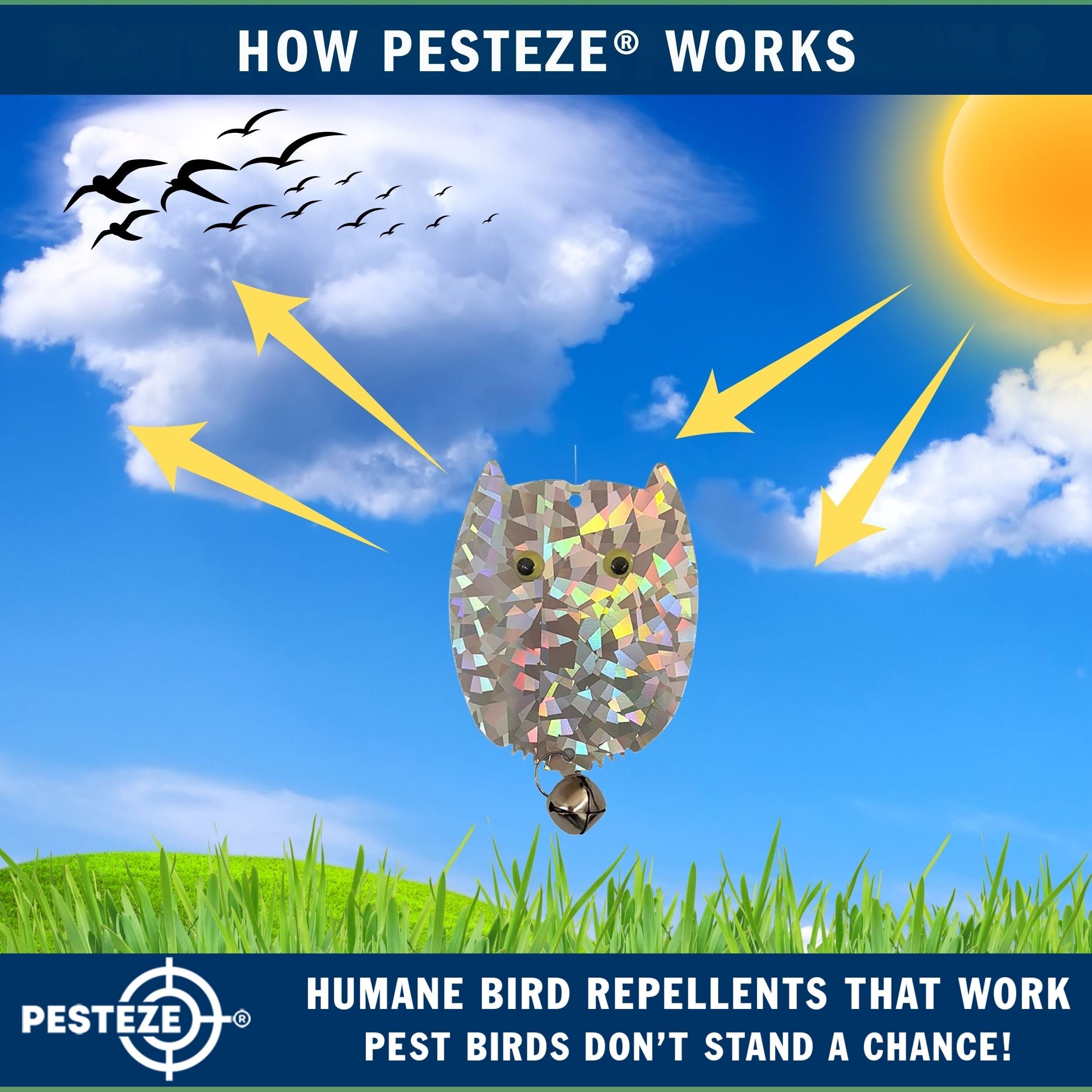 4 Pack PESTEZE® Holographic Shiny Owl Bird Repellents with Bell [3.5 x 5 inch] Reflection Scares Pest Birds like Woodpeckers, Sparrows, Pigeons, Crows & Gulls without Harming them to Protect Property