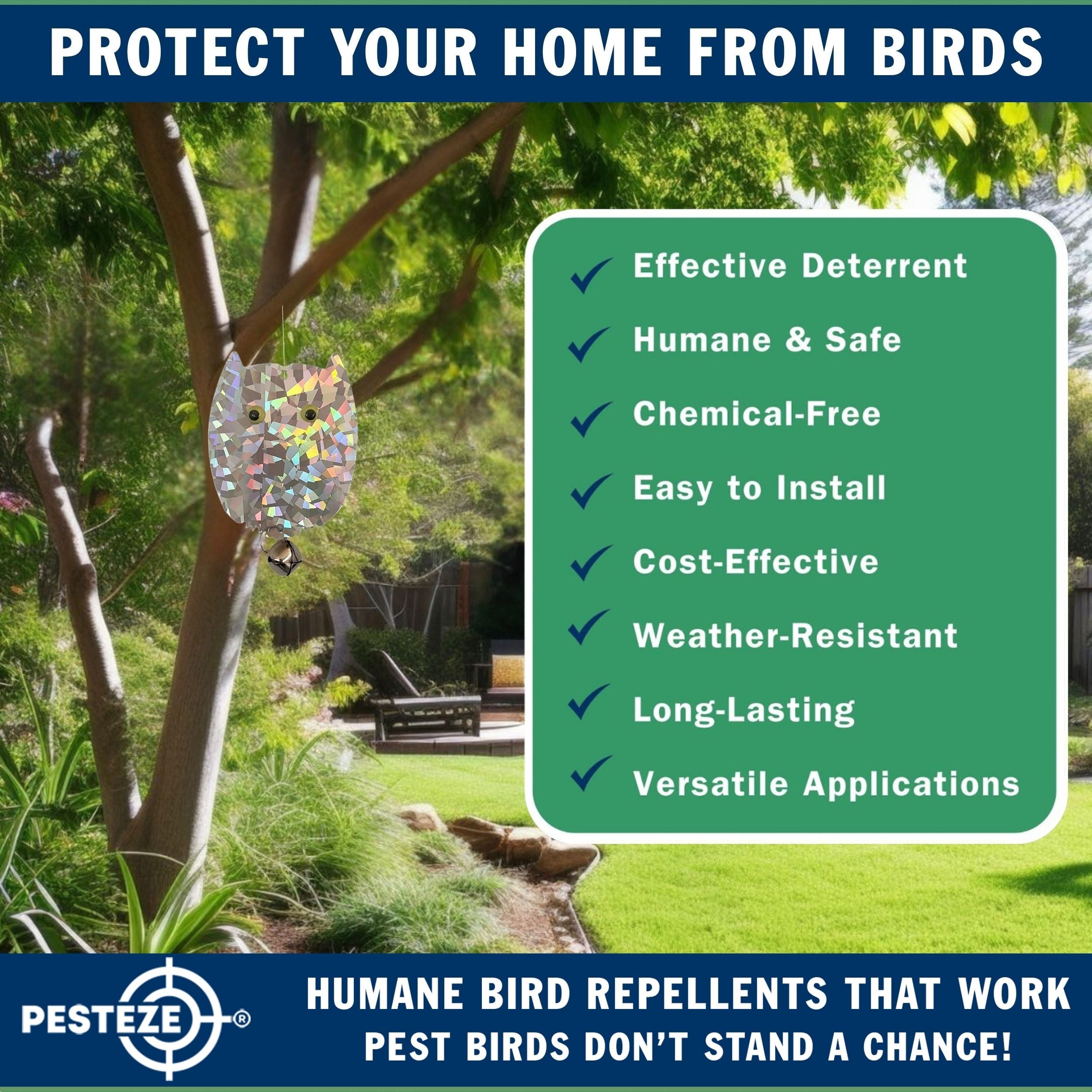 4 Pack PESTEZE® Holographic Shiny Owl Bird Repellents with Bell [3.5 x 5 inch] Reflection Scares Pest Birds like Woodpeckers, Sparrows, Pigeons, Crows & Gulls without Harming them to Protect Property