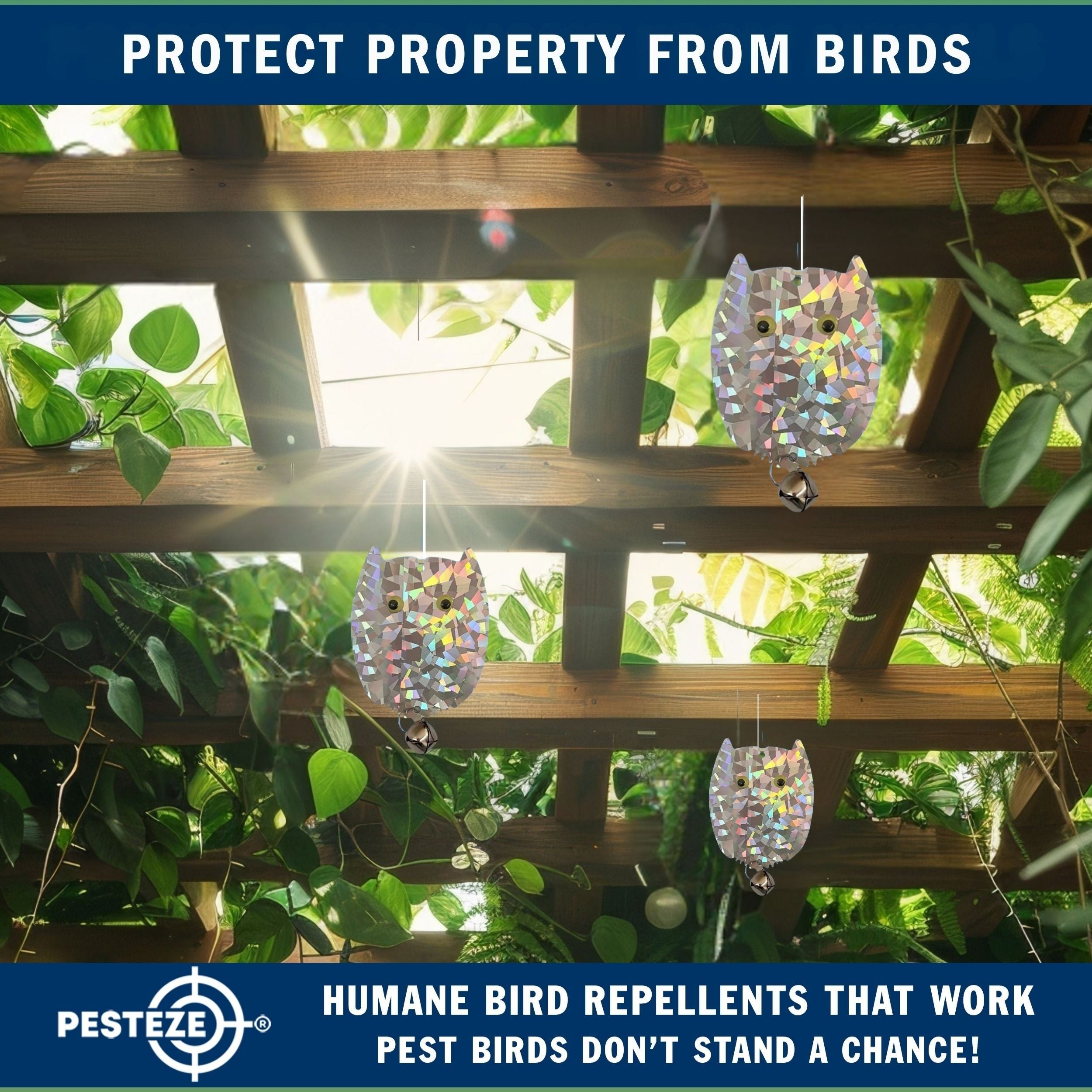 4 Pack PESTEZE® Holographic Shiny Owl Bird Repellents with Bell [3.5 x 5 inch] Reflection Scares Pest Birds like Woodpeckers, Sparrows, Pigeons, Crows & Gulls without Harming them to Protect Property