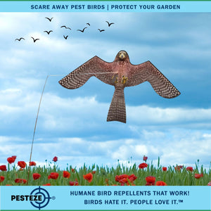 PESTEZE® Flying Hawk 46 x 26 Inch Kite Bird Scarer with 13 ft Flagpole. Use in Yards & Farms to Protect Vegetables, Fruits, Crops & Buildings from Pest Birds & Critters without Harming them