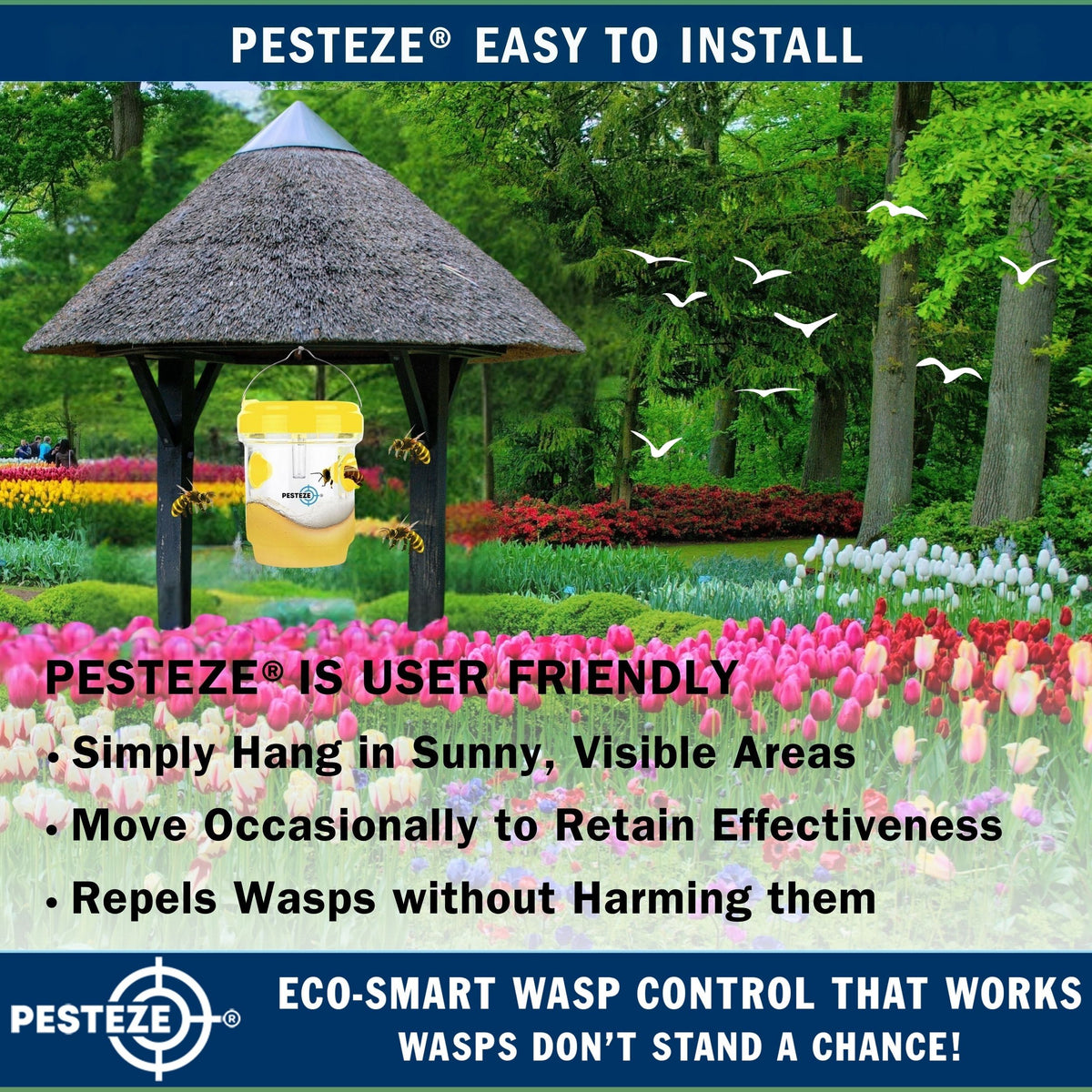 PESTEZE® USA Reusable Solar Hanging Wasp Trap with LED Light [Yellow: 3.5 x 4.4 Inch] Attracts, & Kills Wasp, Hornet, Yellow Jacket & Insect Species 24/7 Without Harsh Chemicals Waterproof Outdoor Trap