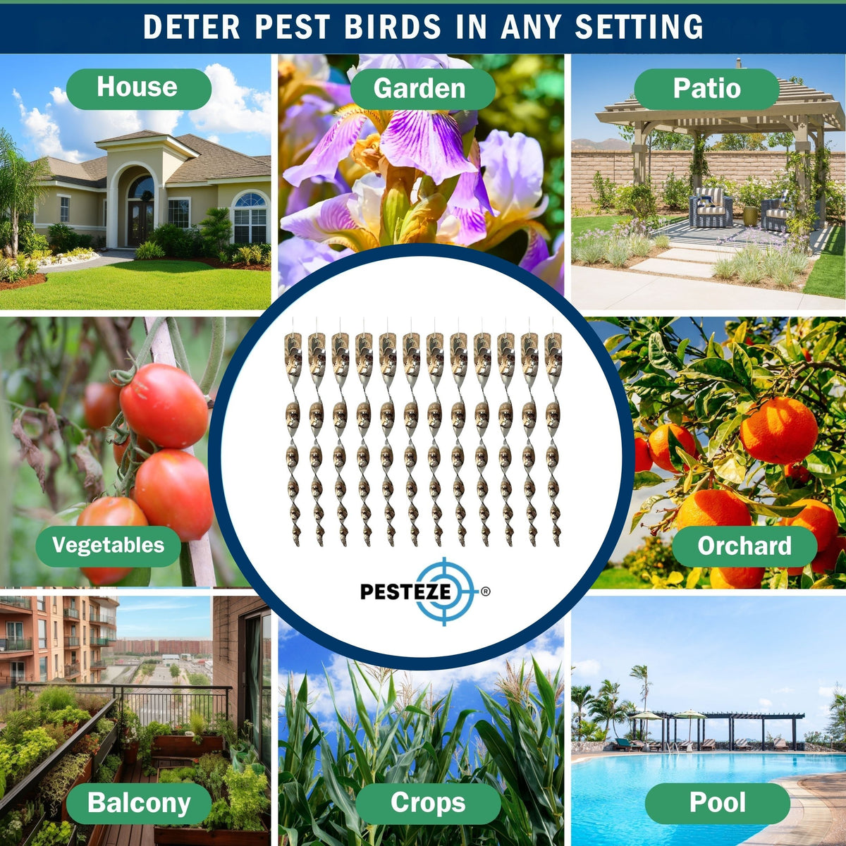 PESTEZE® USA Bird Scare Reflective Rods Bird Deterrent Outdoor Device for Birds Pigeons Crows Woodpeckers Sparrows Geese Reflective Spinners Bird Repellent for Garden Roof Balcony [12 Pack Silver]
