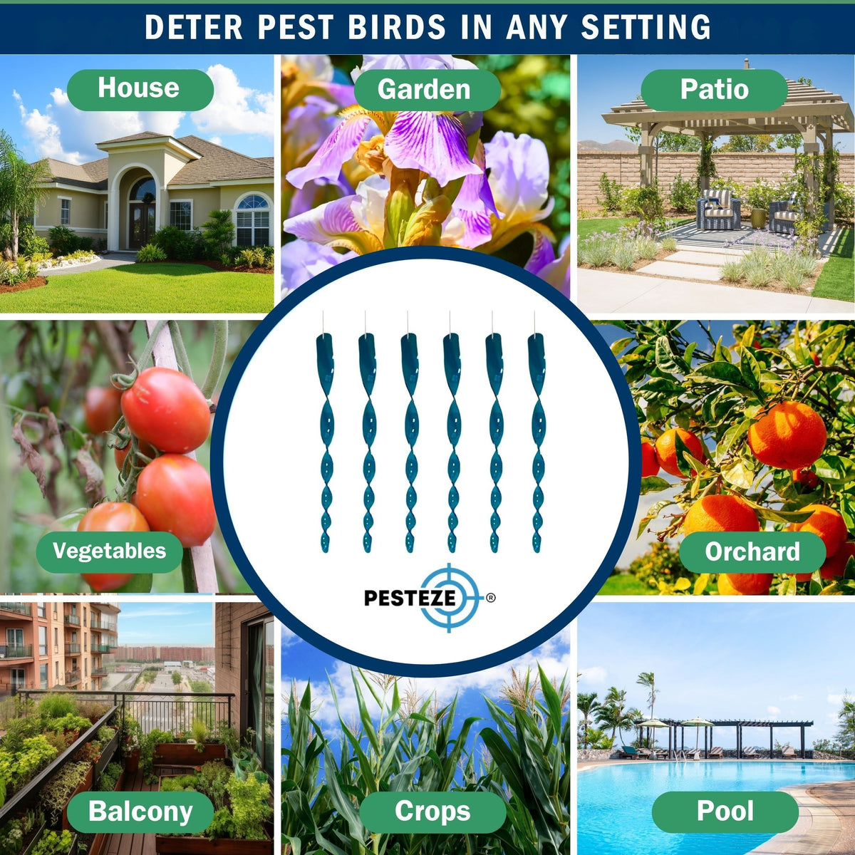 PESTEZE® USA Bird Scare Reflective Rods Bird Deterrent Outdoor Device for Birds Pigeons Crows Woodpeckers Sparrows Geese Reflective Spinners Bird Repellent for Patio Garden Roof Balcony [6 Pack Blue]