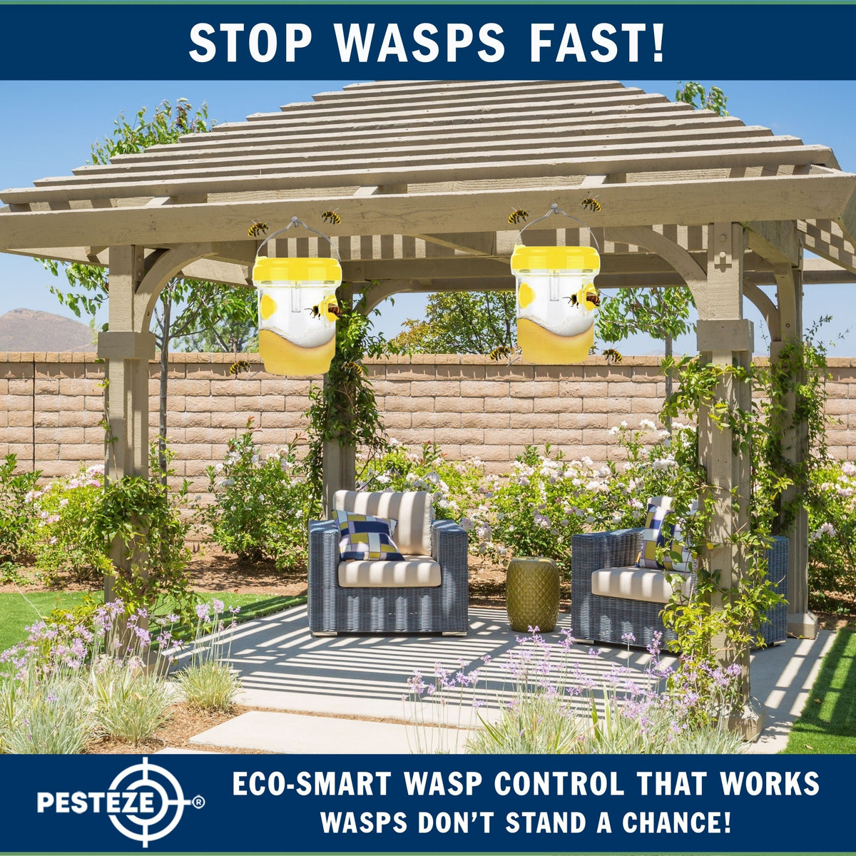 PESTEZE® USA Reusable Solar Hanging Wasp Trap with LED Light [Yellow: 3.5 x 4.4 Inch] Attracts, & Kills Wasp, Hornet, Yellow Jacket & Insect Species 24/7 Without Harsh Chemicals Waterproof Outdoor Trap