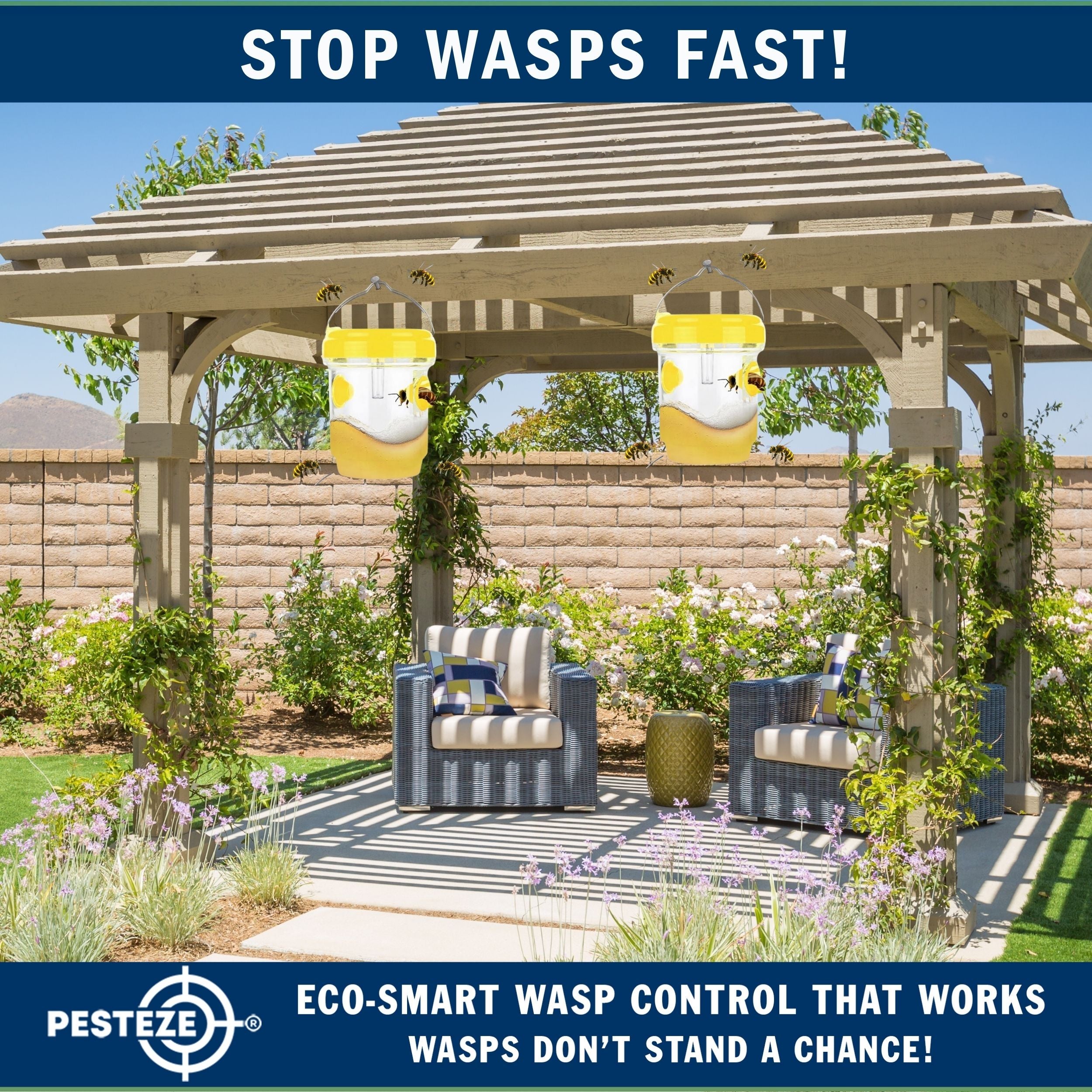 2 Pack PESTEZE® Reusable Solar Hanging Wasp Trap with LED Light [Yellow: 3.5 X 4.4 Inch] Attracts, Catches & Kills Wasp, Hornet, Yellow Jacket & Insect Species 24/7 without Harsh Chemicals. Waterproof