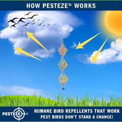 3 Pack PESTEZE® Set of 3 Shiny Holographic Squares with Bell [3.25 x 18.5 inch] Reflection Scares Pest Birds like Woodpeckers, Sparrows, Pigeons, Crows & Gulls without Harming them to Protect Property