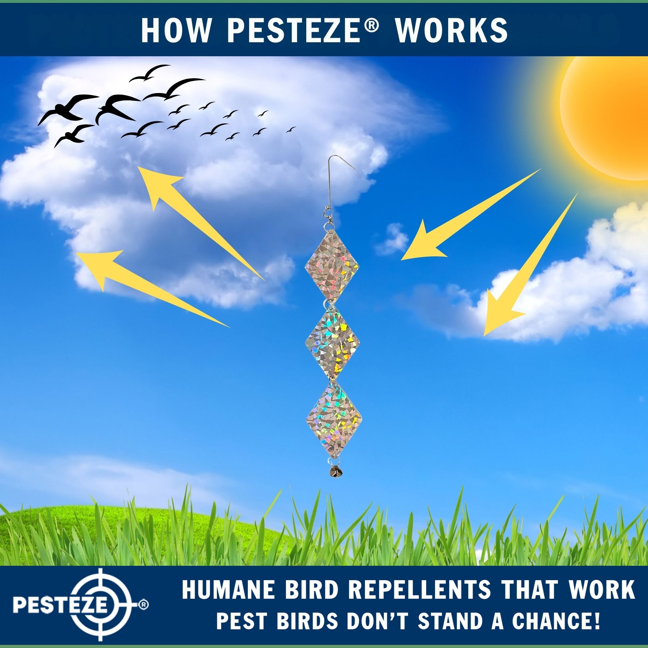 3 Pack PESTEZE® Set of 3 Shiny Holographic Squares with Bell [3.25 x 18.5 inch] Reflection Scares Pest Birds like Woodpeckers, Sparrows, Pigeons, Crows & Gulls without Harming them to Protect Property