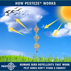 3 Pack PESTEZE® Set of 3 Shiny Holographic Squares with Bell [3.25 x 18.5 inch] Reflection Scares Pest Birds like Woodpeckers, Sparrows, Pigeons, Crows & Gulls without Harming them to Protect Property