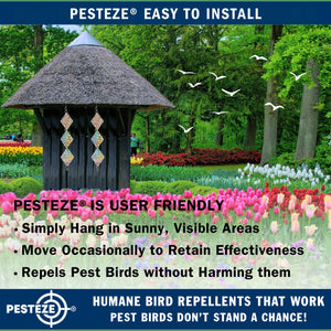 3 Pack PESTEZE® Set of 3 Shiny Holographic Squares with Bell [3.25 x 18.5 inch] Reflection Scares Pest Birds like Woodpeckers, Sparrows, Pigeons, Crows & Gulls without Harming them to Protect Property
