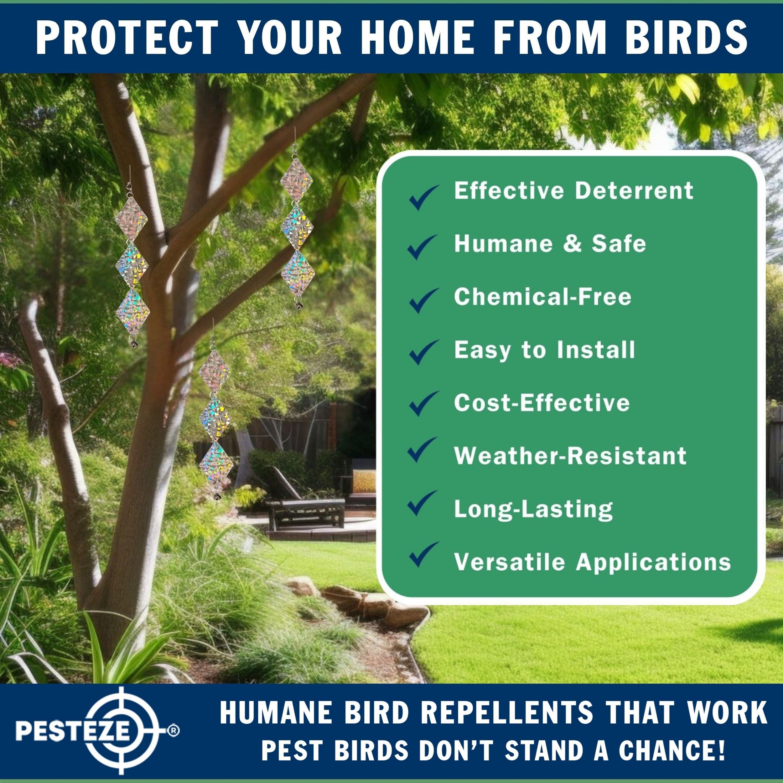 3 Pack PESTEZE® Set of 3 Shiny Holographic Squares with Bell [3.25 x 18.5 inch] Reflection Scares Pest Birds like Woodpeckers, Sparrows, Pigeons, Crows & Gulls without Harming them to Protect Property