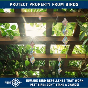 3 Pack PESTEZE® Set of 3 Shiny Holographic Squares with Bell [3.25 x 18.5 inch] Reflection Scares Pest Birds like Woodpeckers, Sparrows, Pigeons, Crows & Gulls without Harming them to Protect Property