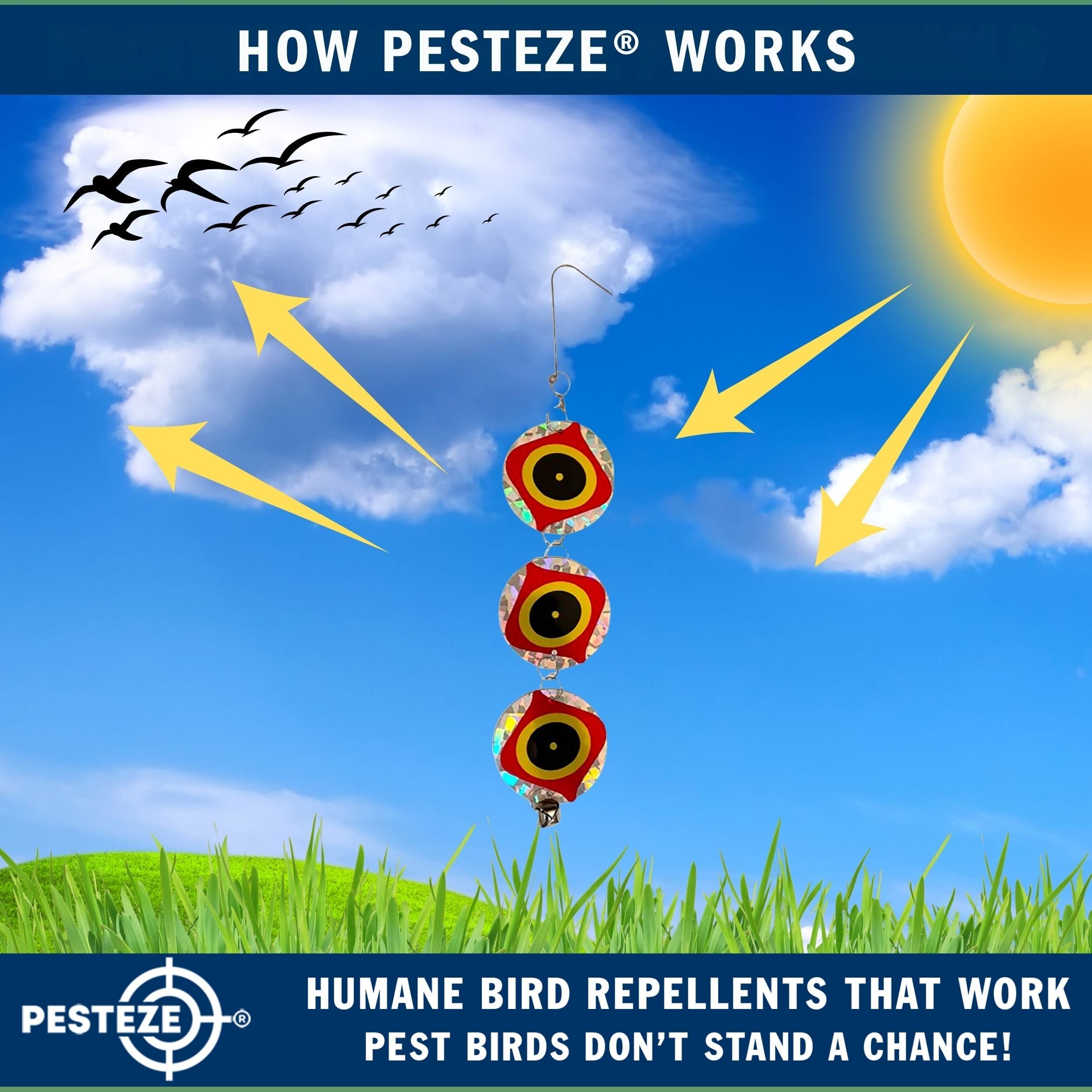 3 Pack PESTEZE® Set of 3 Holographic Shiny Circles with Predator Eyes & Bell [3 x 15 inch] Reflection Scares Pest Birds like Woodpeckers, Sparrows, Pigeons, Crows, Gulls & Critters without Harming them
