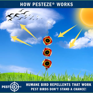 3 Pack PESTEZE® Set of 3 Holographic Shiny Circles with Scare Eyes & Bell [3 x 15 inch] Reflection Scares Pest Birds like Woodpeckers, Sparrows, Pigeons, Crows, Gulls & Critters without Harming them