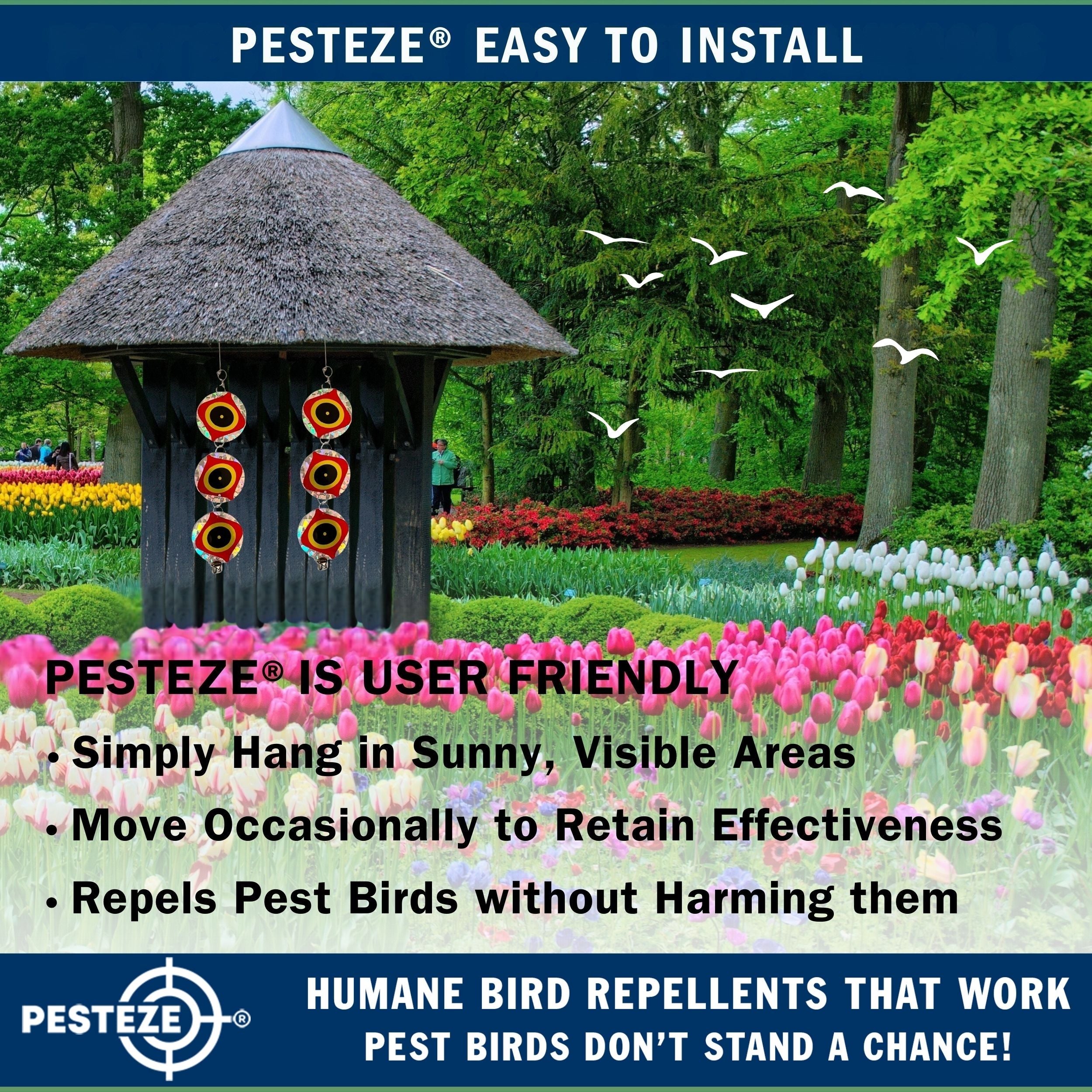 3 Pack PESTEZE® Set of 3 Holographic Shiny Circles with Predator Eyes & Bell [3 x 15 inch] Reflection Scares Pest Birds like Woodpeckers, Sparrows, Pigeons, Crows, Gulls & Critters without Harming them