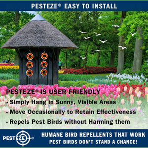 3 Pack PESTEZE® Set of 3 Holographic Shiny Circles with Scare Eyes & Bell [3 x 15 inch] Reflection Scares Pest Birds like Woodpeckers, Sparrows, Pigeons, Crows, Gulls & Critters without Harming them