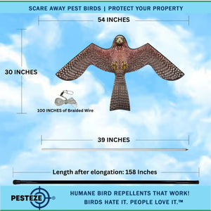 PESTEZE® Flying Hawk 46 x 26 Inch Kite Bird Scarer with 13 ft Flagpole. Use in Yards & Farms to Protect Vegetables, Fruits, Crops & Buildings from Pest Birds & Critters without Harming them