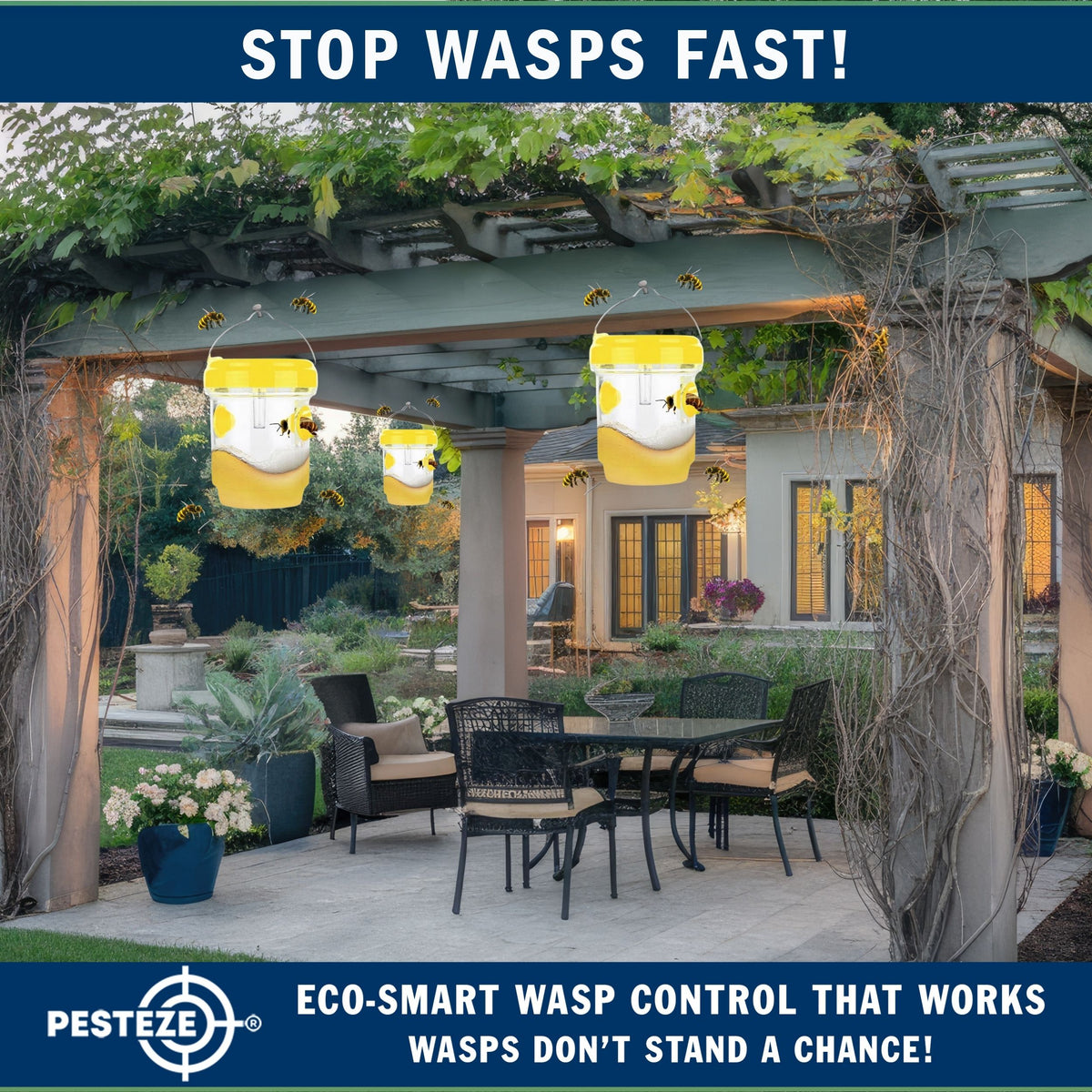 PESTEZE® USA Reusable Solar Hanging Wasp Trap with LED Light [Yellow: 3.5 x 4.4 Inch] Attracts, & Kills Wasp, Hornet, Yellow Jacket & Insect Species 24/7 Without Harsh Chemicals Waterproof Outdoor Trap