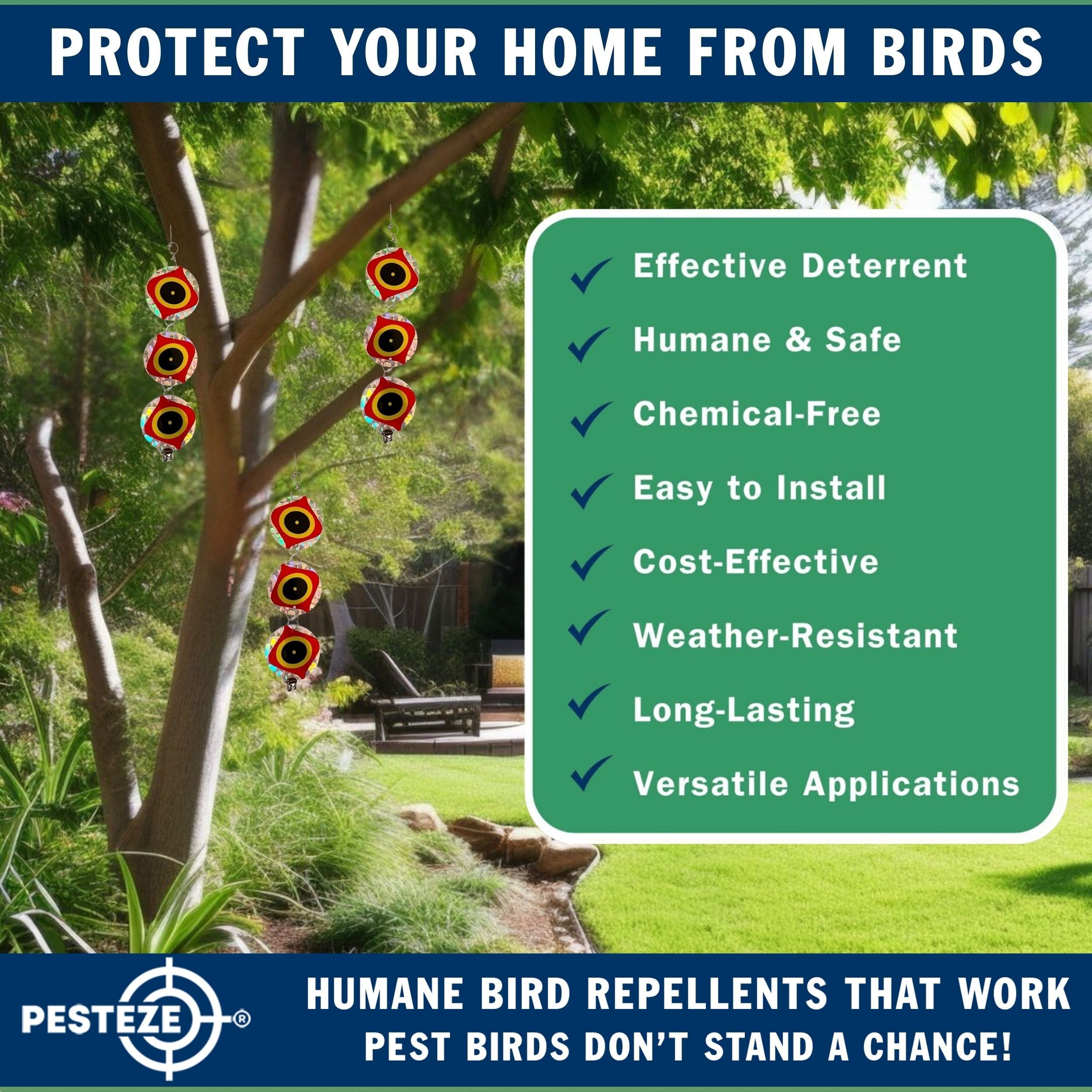 3 Pack PESTEZE® Set of 3 Holographic Shiny Circles with Predator Eyes & Bell [3 x 15 inch] Reflection Scares Pest Birds like Woodpeckers, Sparrows, Pigeons, Crows, Gulls & Critters without Harming them