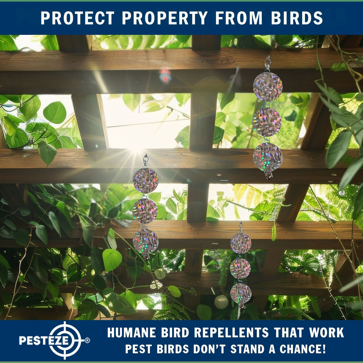 PESTEZE® USA Bird Deterrent Holographic Reflective Circles with Bell Hanging Repellent, 3 Pack 3 x 15 Inch Shiny Flash Scare Birds Away Outdoor for Porch Garden Yard Deck Balcony Roof Protection