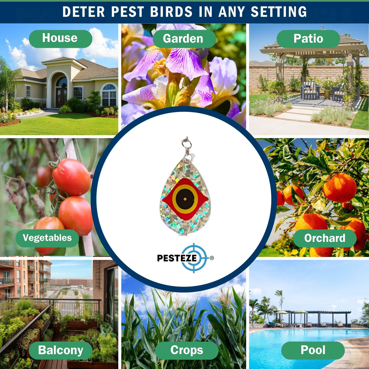 PESTEZE® USA Bird Deterrent Reflective Predator Eye Water Droplet Repellent Hanging with Swivel & Hanger 5 Pack 3.25 x 5. inch Shiny Wind Device Keep Birds Away Outdoor Porch Gardens Patios