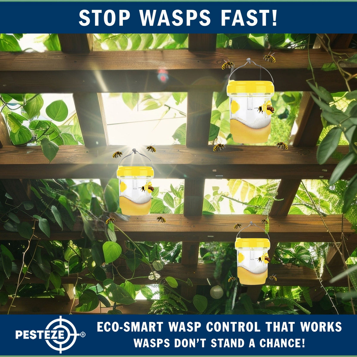 PESTEZE® USA Reusable Solar Hanging Wasp Trap with LED Light [Yellow: 3.5 x 4.4 Inch] Attracts, & Kills Wasp, Hornet, Yellow Jacket & Insect Species 24/7 Without Harsh Chemicals Waterproof Outdoor Trap