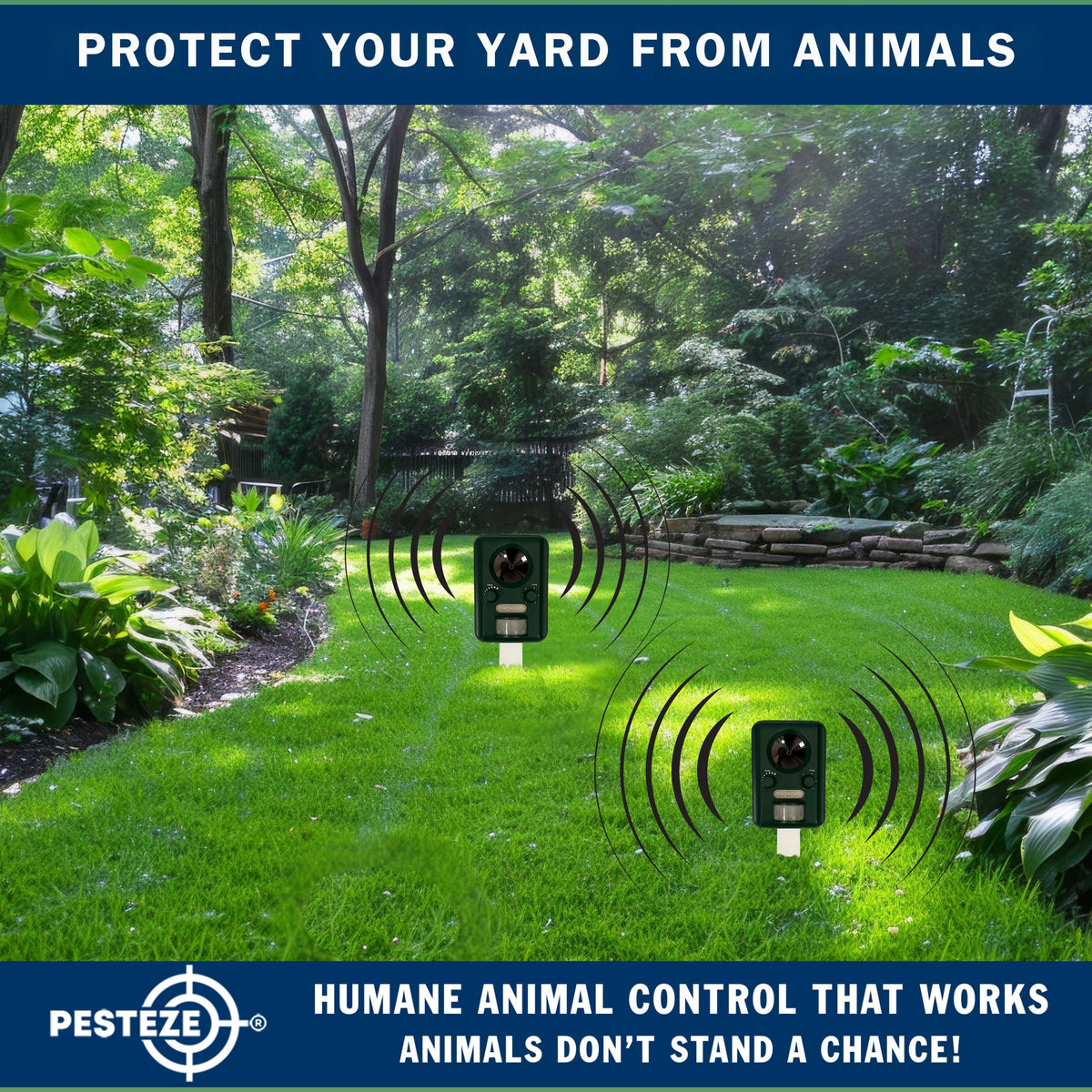PESTEZE® Solar Ultrasonic Animal Repellent. Detects & Deters Unwanted Animals like Skunk, Deer, Coyote, Fox, Wolf, Rabbitt, Raccoon & Birds. Protect Property & Livestock without Harming Animals or People - Pesteze