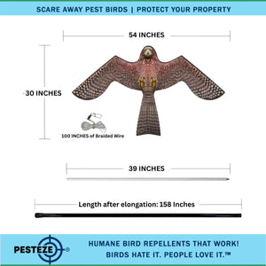 PESTEZE® Flying Hawk 46 x 26 Inch Kite Bird Scarer with 13 ft Flagpole. Use in Yards & Farms to Protect Vegetables, Fruits, Crops & Buildings from Pest Birds & Critters without Harming them