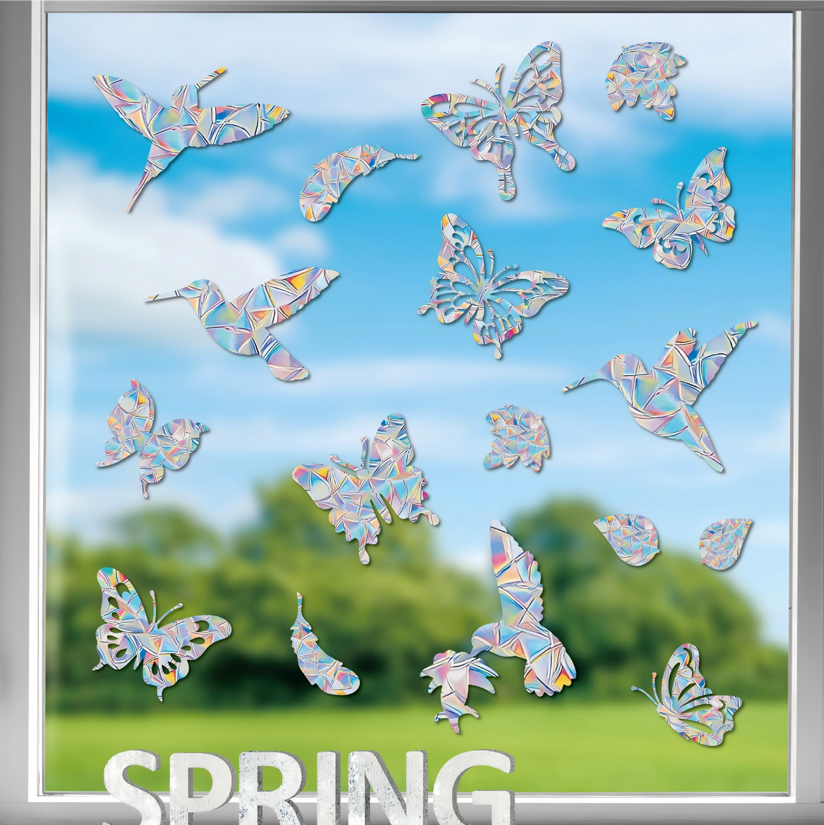 PESTEZE® USA Premium Window Bird Decals-Rainbow Leaf & Bird Anti Collision Static Cling Stickers for Windows to Prevent Wild Birds from Striking & Hitting Glass–32 Pack Sun Catcher Window Alert Clings