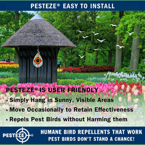 5 Pack PESTEZE® Shiny Scare Eye Water Droplet Repellents With Swivel & Hanger [3.25 x 5 inch] Reflection Scares Pest Birds like Woodpeckers, Sparrows, Pigeons, Crows & Gulls without Harming them to Protect Property