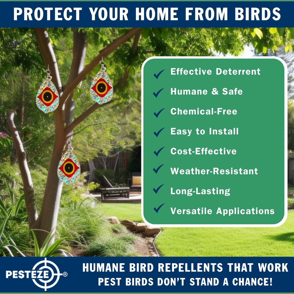 PESTEZE® USA Bird Deterrent Reflective Predator Eye Water Droplet Repellent Hanging with Swivel & Hanger 5 Pack 3.25 x 5. inch Shiny Wind Device Keep Birds Away Outdoor Porch Gardens Patios