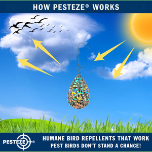 5 Pack PESTEZE® Shiny Water Droplet Repellents with Swivel & Hanger [3.25 x 5 inch] Reflection Scares Pest Birds like Woodpeckers, Sparrows, Pigeons, Crows & Gulls without Harming them to Protect Property