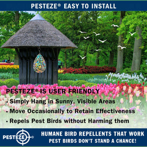 5 Pack PESTEZE® Shiny Water Droplet Repellents with Swivel & Hanger [3.25 x 5 inch] Reflection Scares Pest Birds like Woodpeckers, Sparrows, Pigeons, Crows & Gulls without Harming them to Protect Property