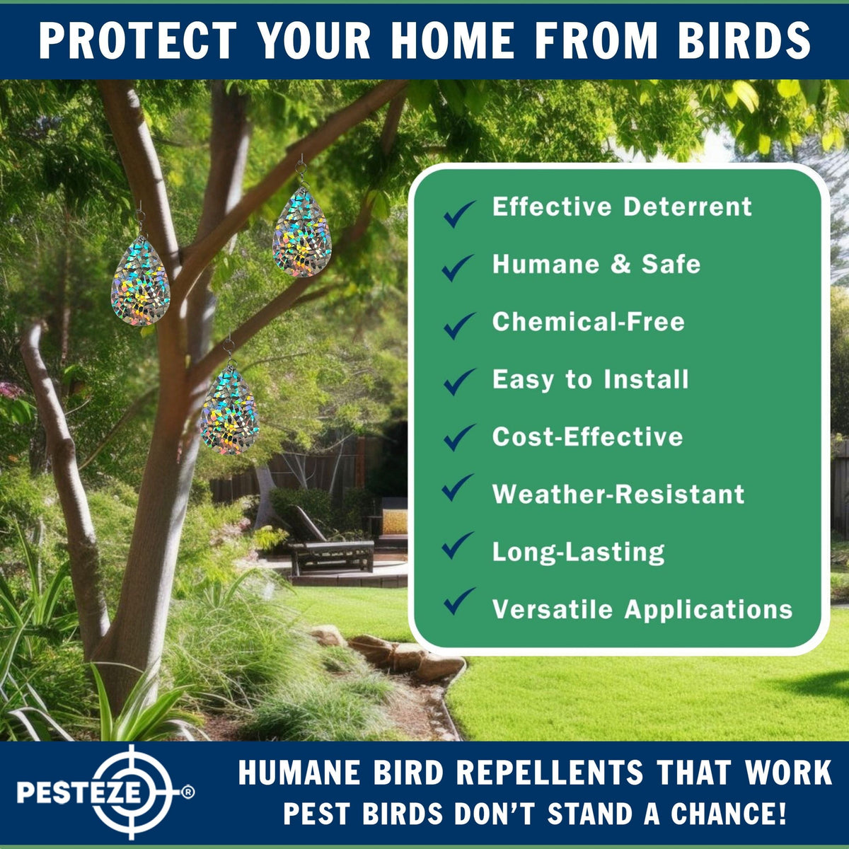 PESTEZE® USA Shiny Water Droplet Repellents with Swivel & Hanger [10 Pack, 3.25 x 5 inch] Reflection Predators Pest Birds like Woodpeckers, Sparrows, Pigeons, Crows & Gulls without Harming them