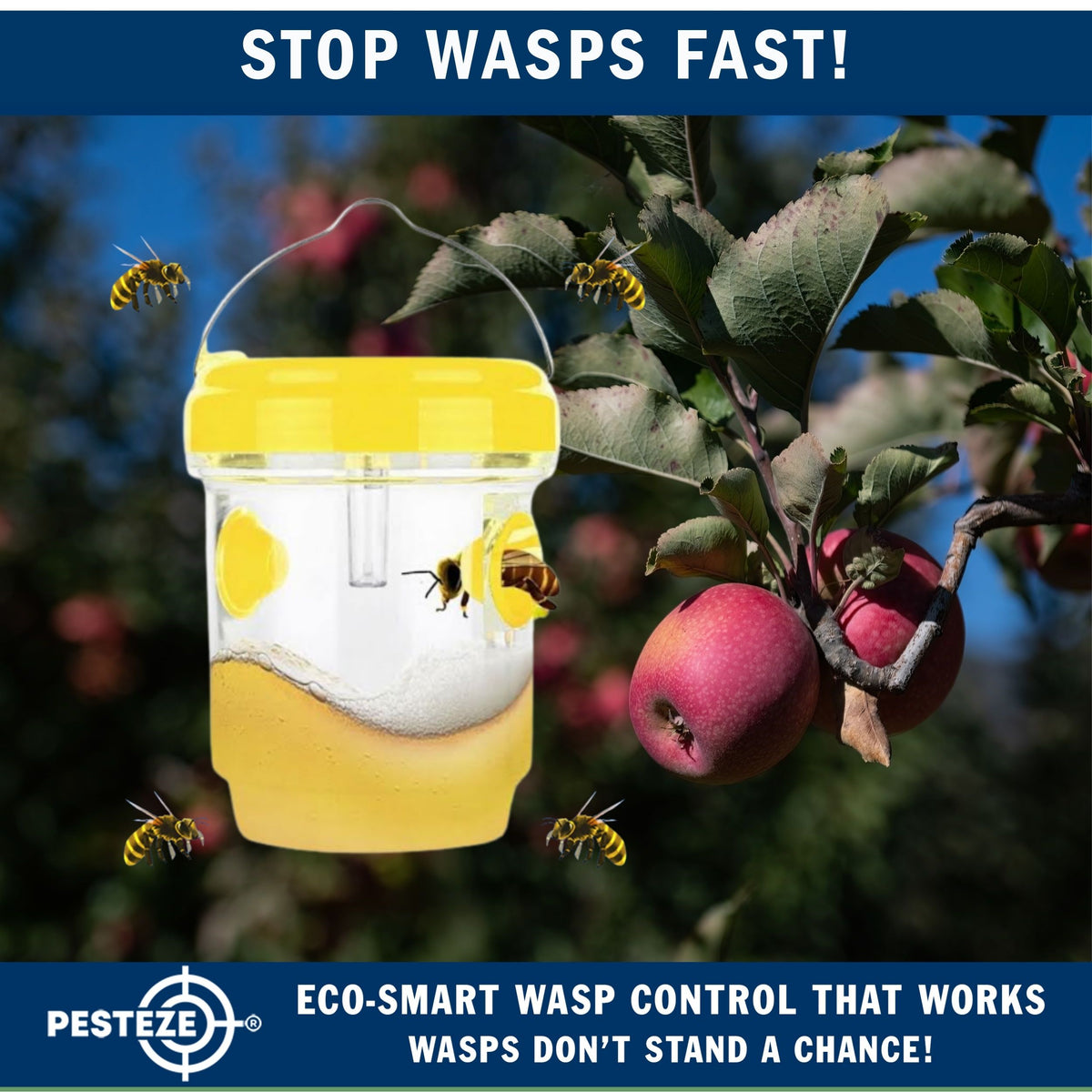 PESTEZE® USA Reusable Solar Hanging Wasp Trap with LED Light [Yellow: 3.5 x 4.4 Inch] Attracts, & Kills Wasp, Hornet, Yellow Jacket & Insect Species 24/7 Without Harsh Chemicals Waterproof Outdoor Trap