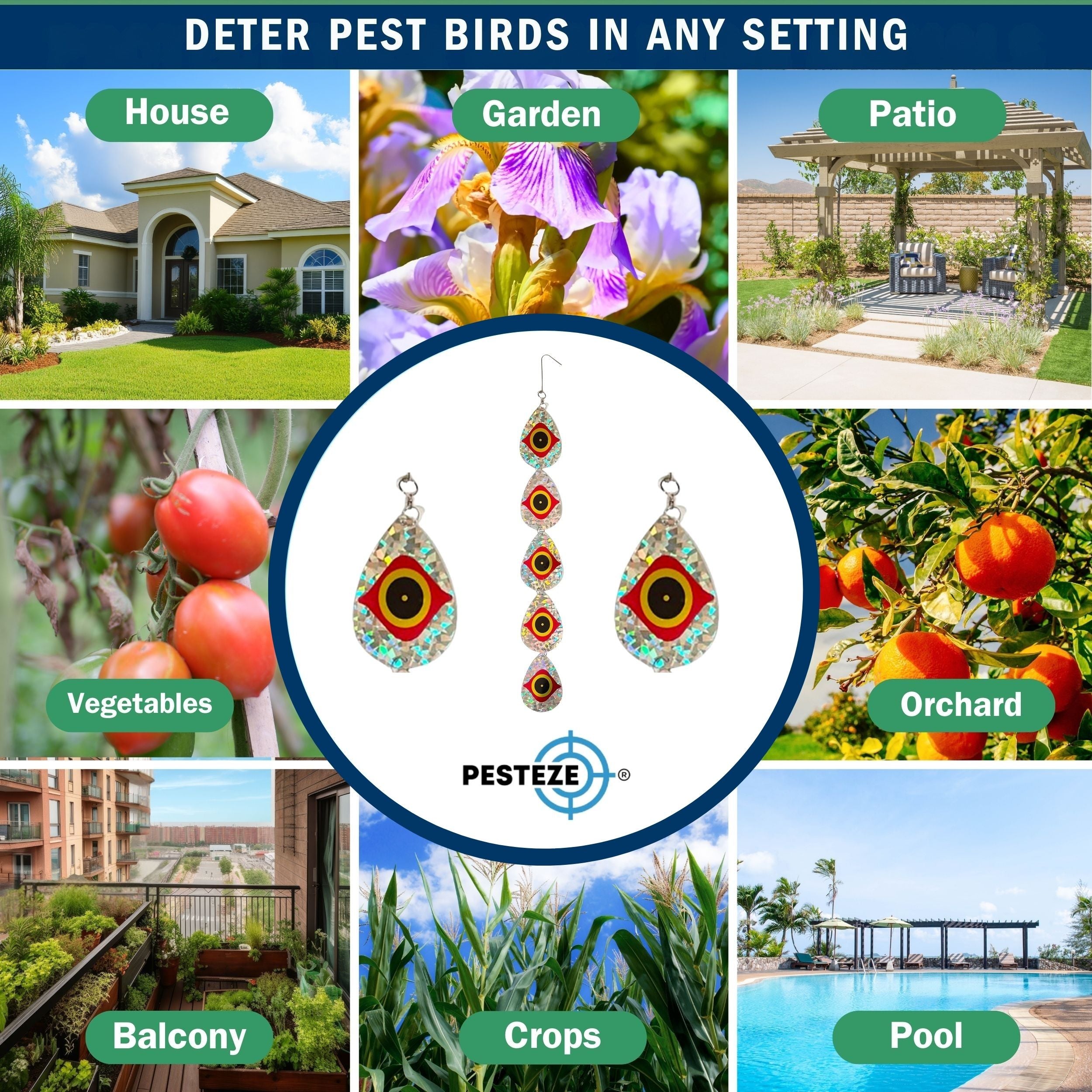 5 Piece PESTEZE® Shiny Water Droplet Repellents With Predator Eye [3.25 x 30 inch] Reflection Scares Pest Birds like Woodpeckers, Sparrows, Pigeons, Crows & Gulls without Harming them to Protect Property