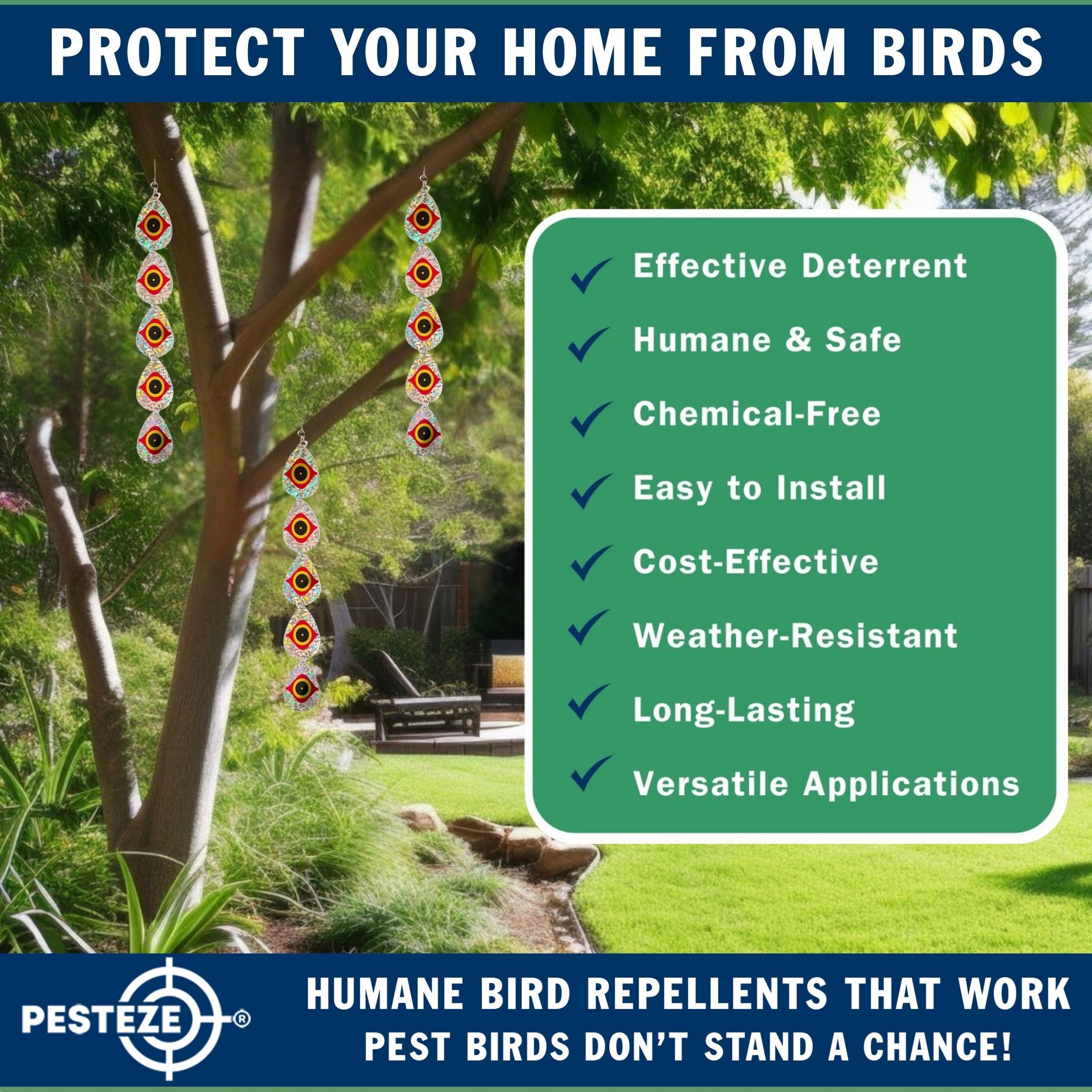 5 Piece PESTEZE® Shiny Water Droplet Repellents With Predator Eye [3.25 x 30 inch] Reflection Scares Pest Birds like Woodpeckers, Sparrows, Pigeons, Crows & Gulls without Harming them to Protect Property