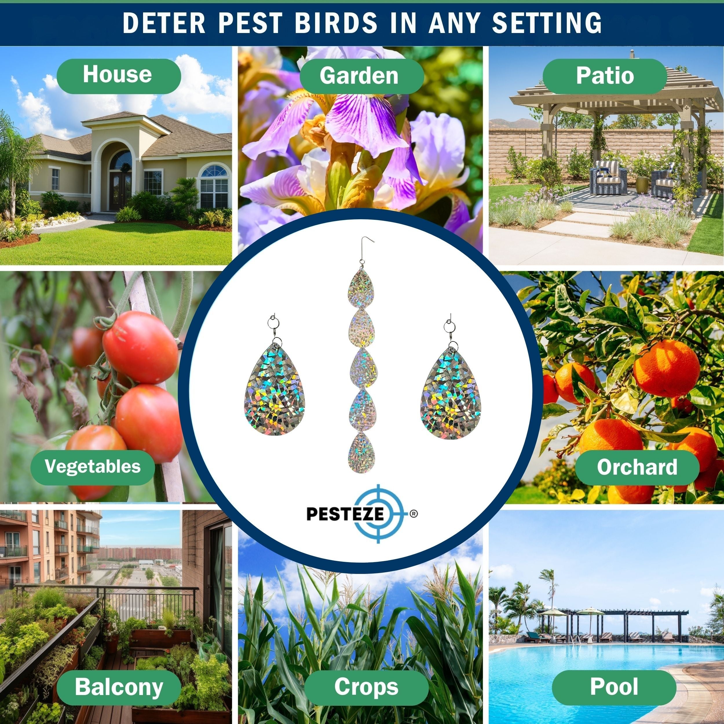 5 Piece PESTEZE® Holographic Shiny Water Droplet Repellents [3.25 x 30 inch] Reflection Scares Pest Birds like Woodpeckers, Sparrows, Pigeons, Crows & Gulls without Harming them to Protect Property