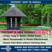 PESTEZE® USA Holographic Bird Deterrent Tape Strips, Reflective Bird Repellent Hanging Ribbon, 5 Pack 3.5 x 30 in, Scare Pigeons Crows Woodpeckers Away from Porch Patio Garden Roof Balcony Yard Decks
