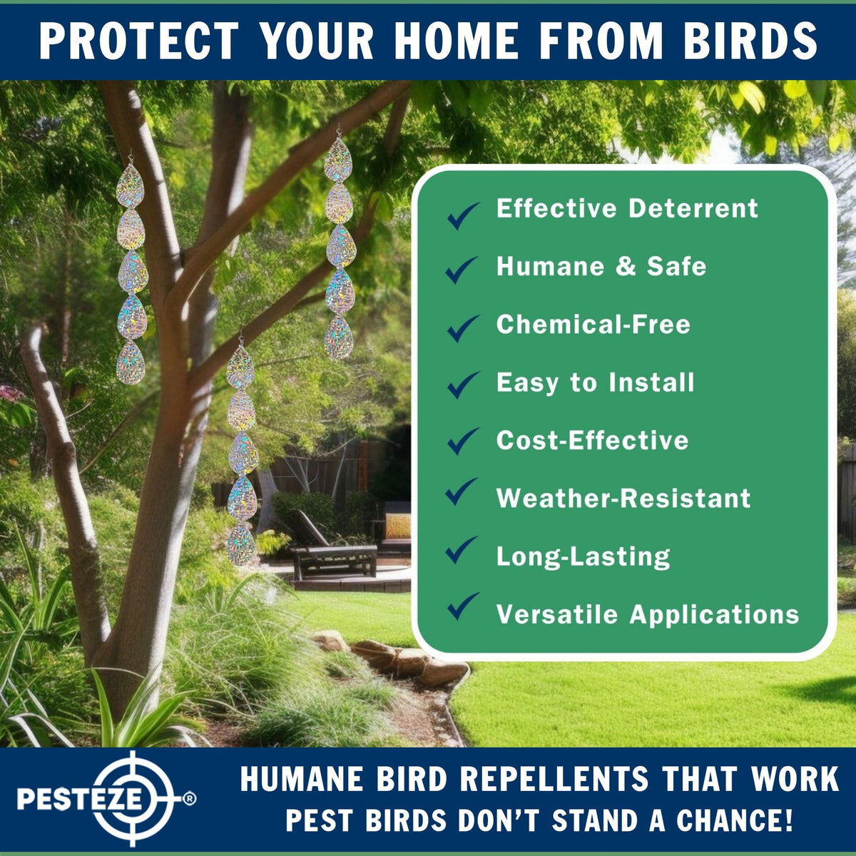 PESTEZE® USA Holographic Bird Deterrent Tape Strips, Reflective Bird Repellent Hanging Ribbon, 5 Pack 3.5 x 30 in, Scare Pigeons Crows Woodpeckers Away from Porch Patio Garden Roof Balcony Yard Decks