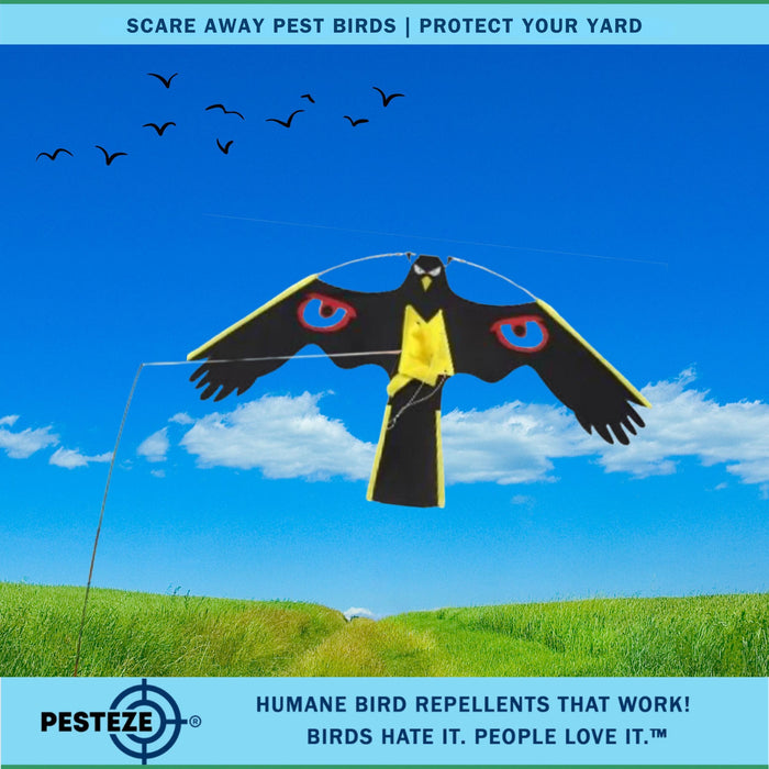 PESTEZE® Black Flying Hawk 46 x 26 Inch Kite with Scare Eyes & 13 ft Flagpole to Deter Birds. Use in Yards & Farms to Protect Vegetables, Fruits, Crops & Property from Pest Birds & Critters without Harming them