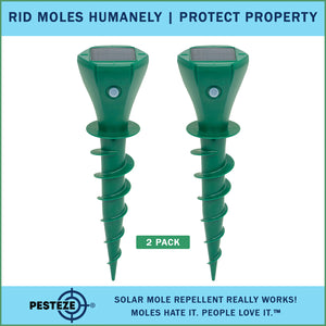 2 Pack PESTEZE® Reusable Solar Mole, Snake, Gopher, Vole, Chipmunk, Groundhog & Woodchuck Repeller. Vibration Quietly & Humanely Deters Burrowing Rodents from Destroying Yard. Waterproof & EZ Install