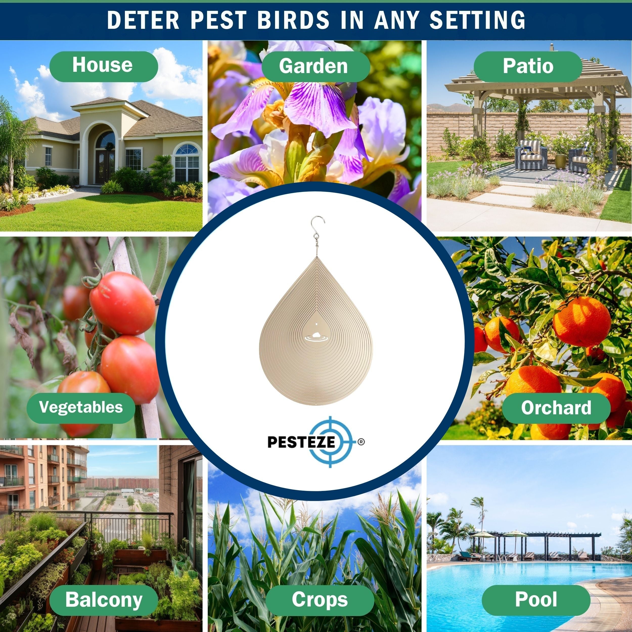 PESTEZE® Large Water Droplet Stainless Steel Highly Reflective Decorative 3D Wind Spinner for Repelling Unwanted Birds & Critters. 9 x 15 Inch Premium Shiny, Beautiful, Long Lasting & Durable Bird Repellent.