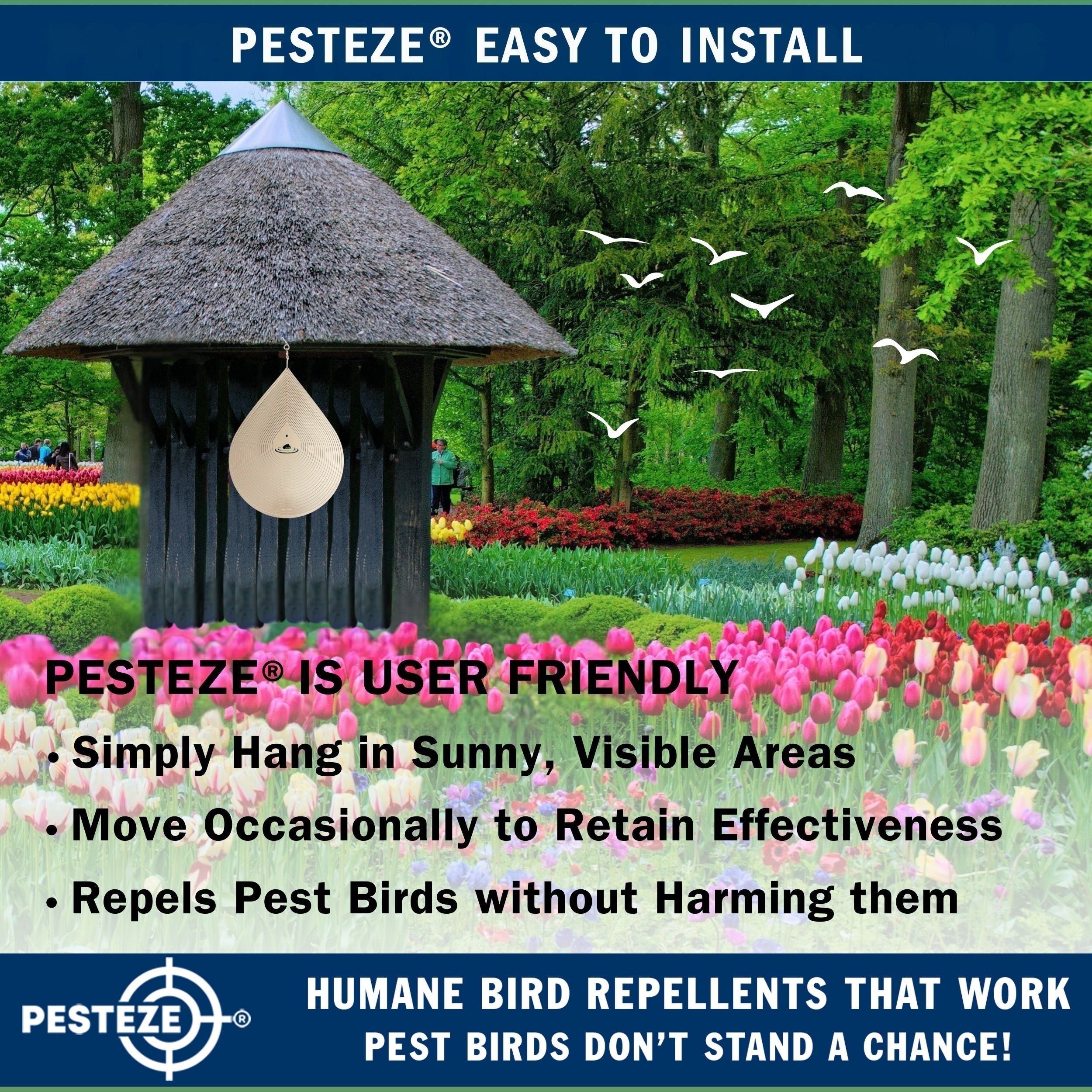 PESTEZE® Large Water Droplet Stainless Steel Highly Reflective Decorative 3D Wind Spinner for Repelling Unwanted Birds & Critters. 9 x 15 Inch Premium Shiny, Beautiful, Long Lasting & Durable Bird Repellent.