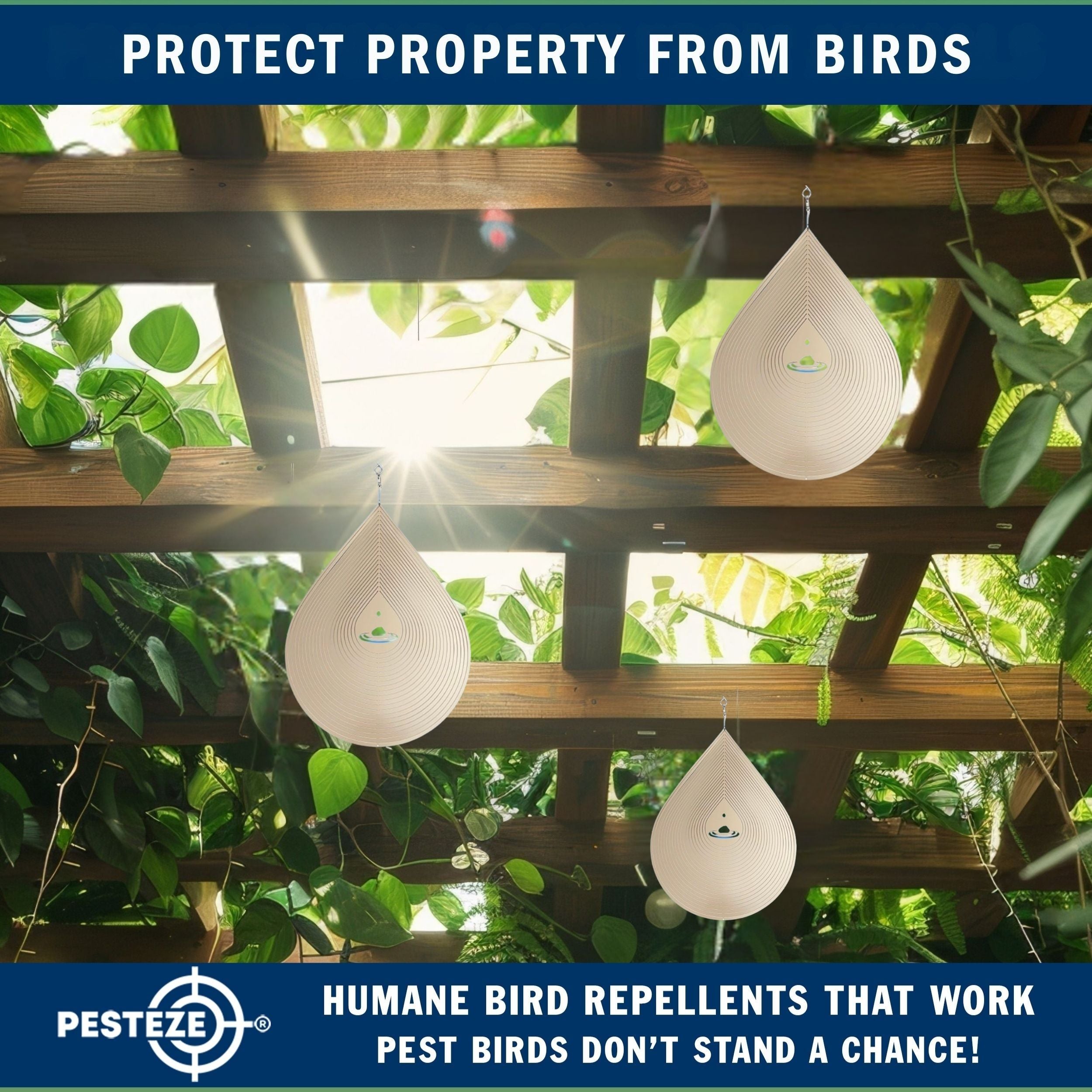 PESTEZE® Large Water Droplet Stainless Steel Highly Reflective Decorative 3D Wind Spinner for Repelling Unwanted Birds & Critters. 9 x 15 Inch Premium Shiny, Beautiful, Long Lasting & Durable Bird Repellent.